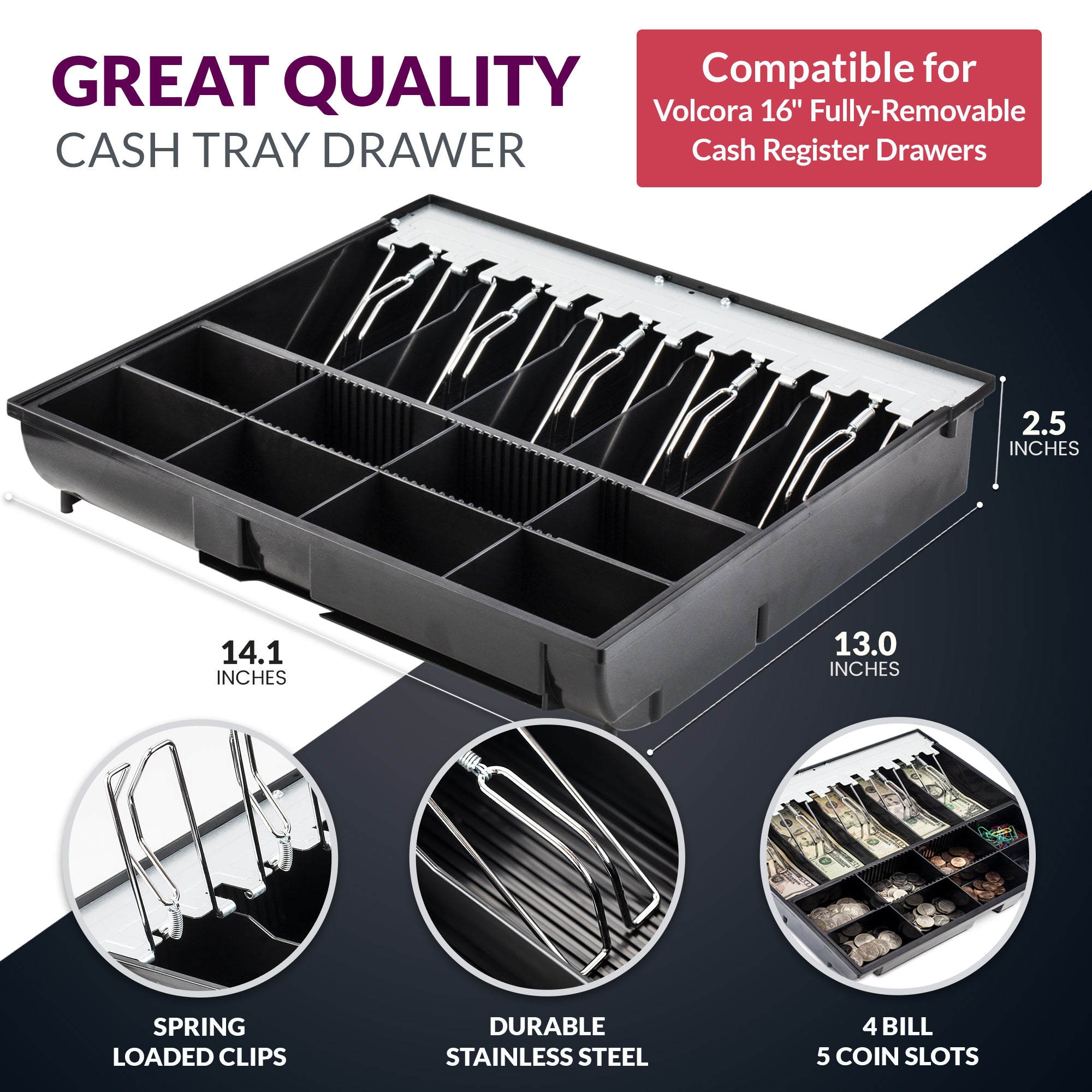 Volcora 16" Cash Drawer Tray - 14.1 x 13 x 2.5 Inch - 5 Bill / 8 Coin - Without Locking Cover