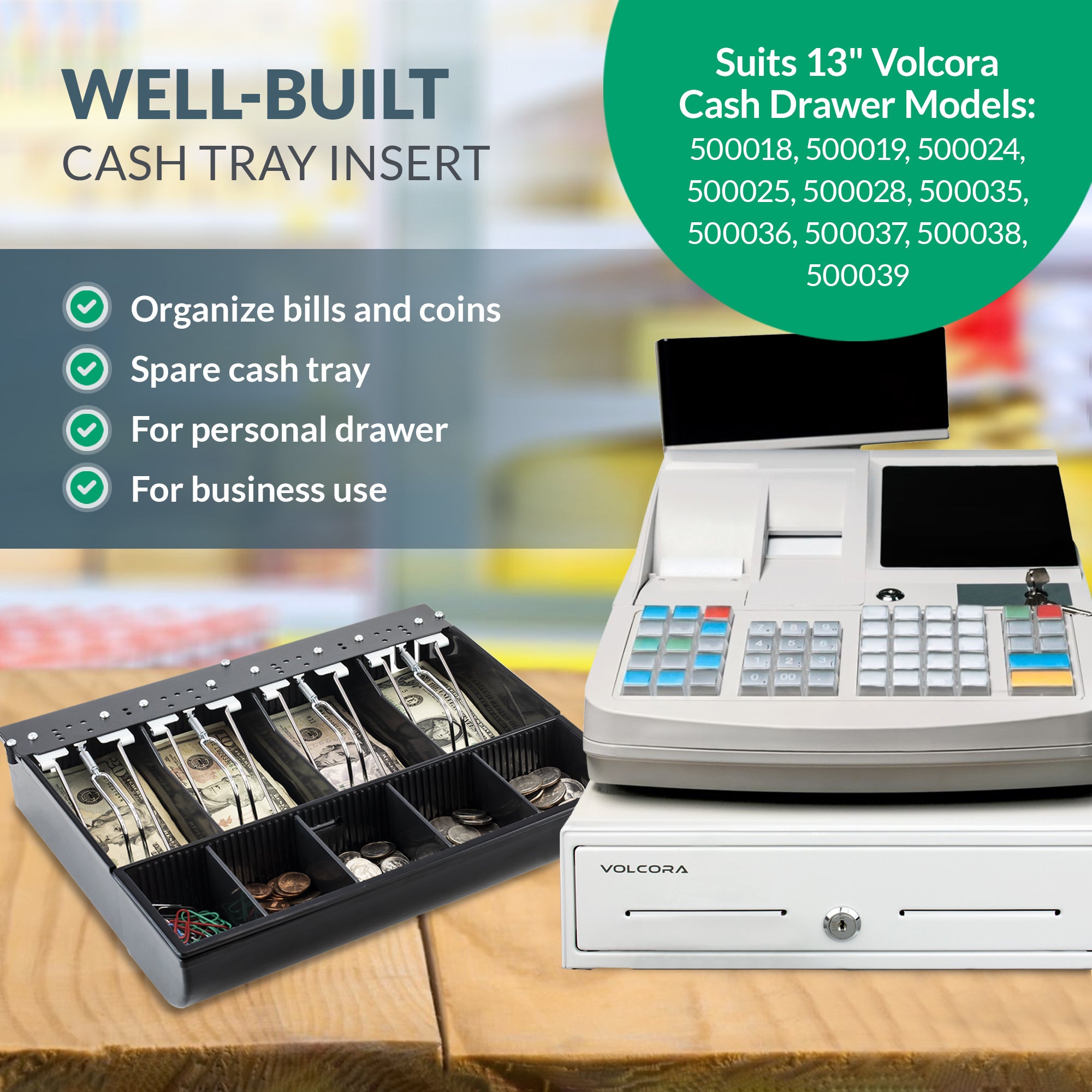 Volcora 13'' Cash Drawer Tray - 11.7 x 10.3 x 2.3 Inch, 4 Bill / 5 Coin - Without Locking Cover