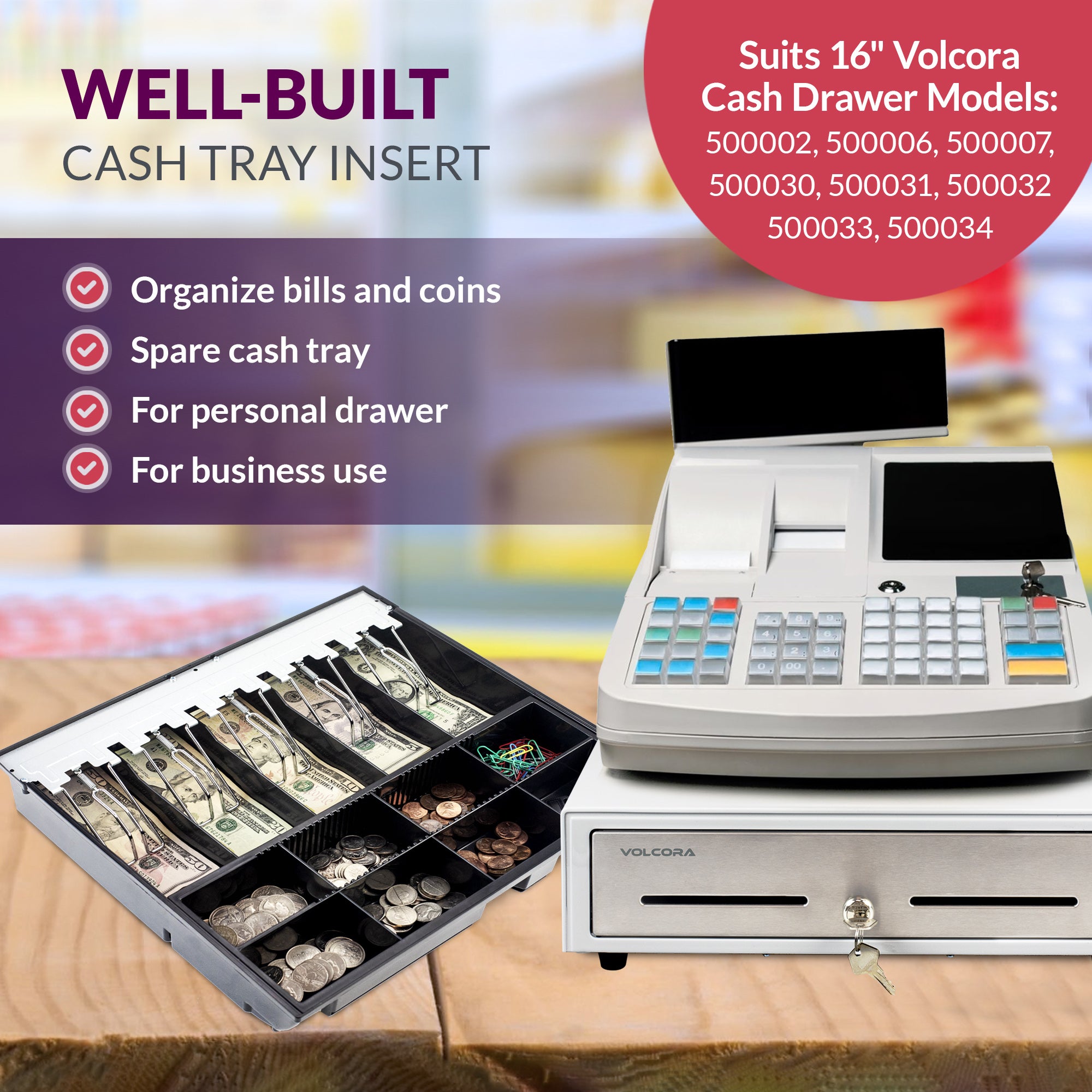 Volcora 16" Cash Drawer Tray - 14.1 x 13 x 2.5 Inch - 5 Bill / 8 Coin - Without Locking Cover